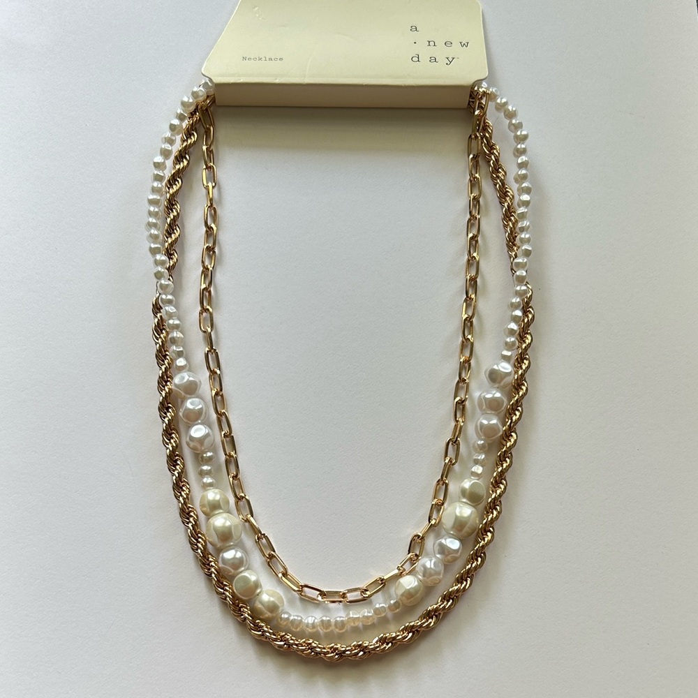 A New Day Women’s Gold and Faux Pearl Multi-Strand Necklace
